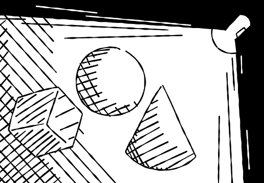 Various shapes shaded with cross hatching with a flashlight illuminating them